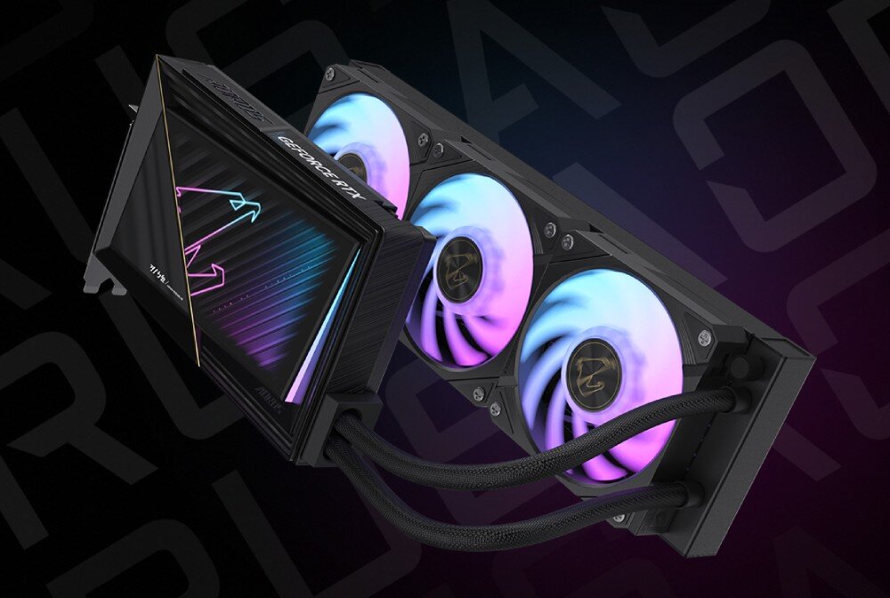 Karta graficzna GIGABYTE Aorus GeForce RTX 5090 Xtreme Waterforce 32GB Karta graficzna AORUS RTX z chłodzeniem wodnym w ujęciu pod kątem, prezentująca ekran LCD oraz podświetlane wentylatory RGB