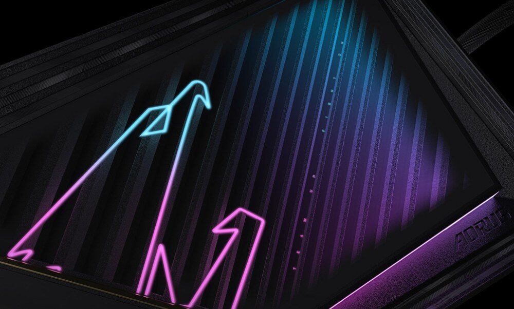 Karta graficzna GIGABYTE Aorus GeForce RTX 5090 Xtreme Waterforce 32GB Górna krawędź karty graficznej AORUS RTX z widocznym napisem GeForce RTX i kolorowym podświetleniem