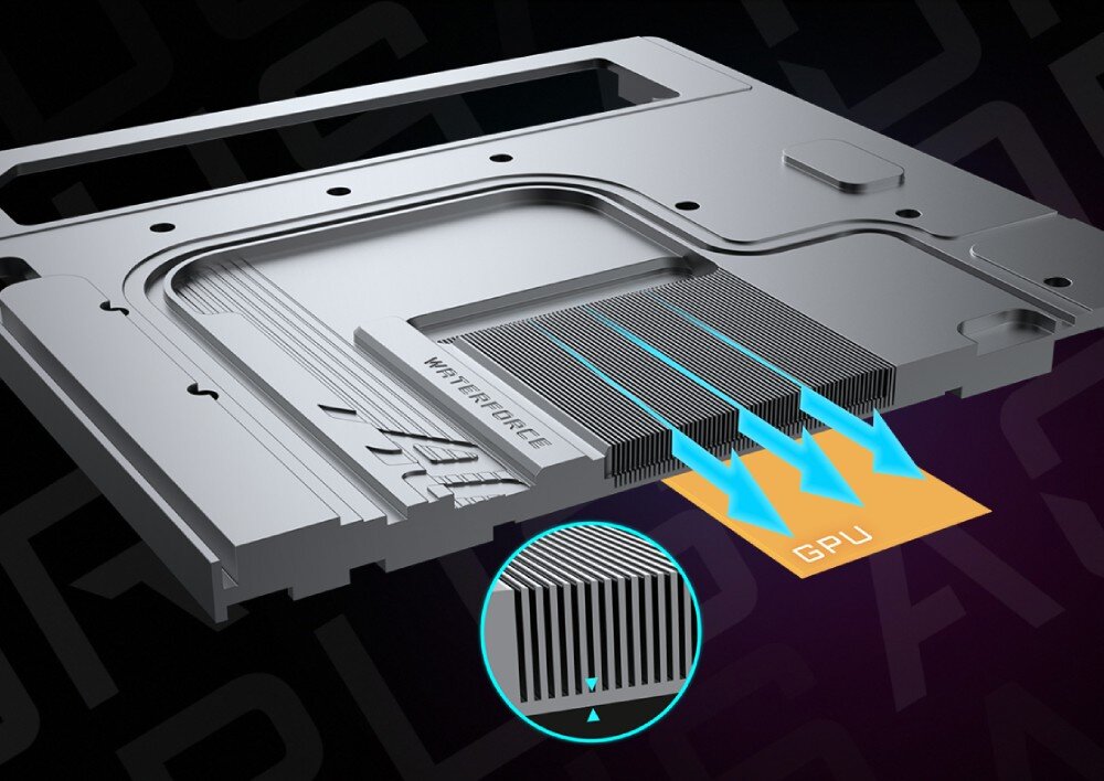 Karta graficzna GIGABYTE Aorus GeForce RTX 5090 Xtreme Waterforce WB 32GB Zbliżenie na wewnętrzną konstrukcję bloku wodnego karty graficznej, pokazujące radiatory odprowadzające ciepło z GPU, płyta bazowa, mikrokanaliki, pasta termoprzewodząca
