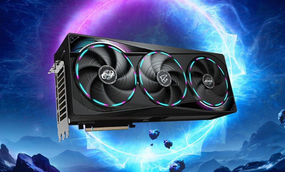 Karta graficzna GIGABYTE Aorus GeForce RTX 5070 Ti Master 16GB Karta graficzna na tle kosmicznej sceny, z efektami świetlnymi podkreślającymi jej gamingowy charakter