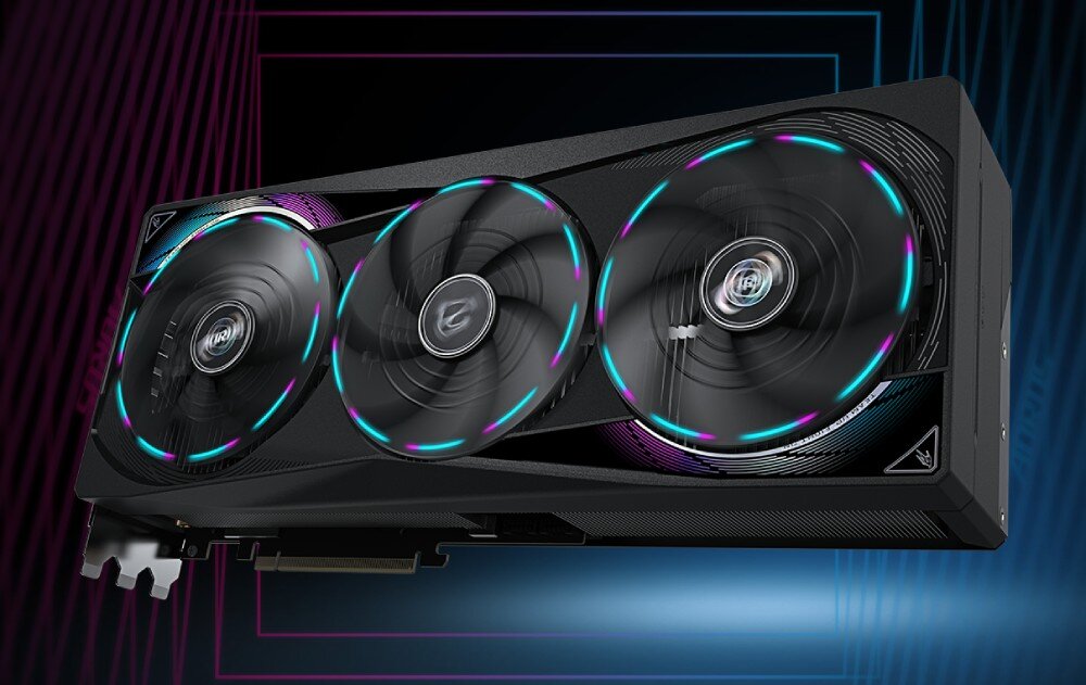 Karta graficzna GIGABYTE Aorus GeForce RTX 5070 Ti Master 16GB Trzy wentylatory karty z podświetleniem RGB, na dynamicznym tle w stylu gamingowym