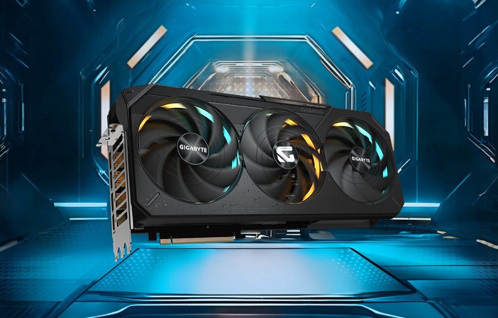 Karta graficzna GIGABYTE GeForce RTX 5070 Ti Gaming OC 16GB Karta graficzna z podświetlanymi wentylatorami RGB na tle geometrycznych świateł