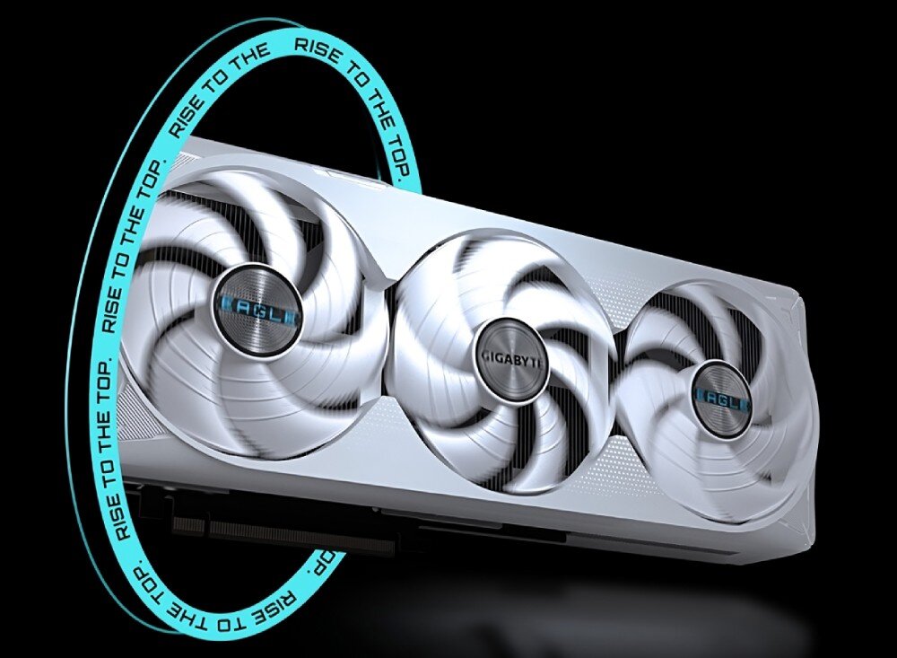 Karta graficzna GIGABYTE GeForce RTX 5070 Ti EAGLE ICE SFF OC 16GB Widok karty graficznej z przodu pod kątem, wokół której umieszczono błękitny napis Rise to the top, na obudowie widoczne trzy wentylatory, trwałość, wytrzymałość
