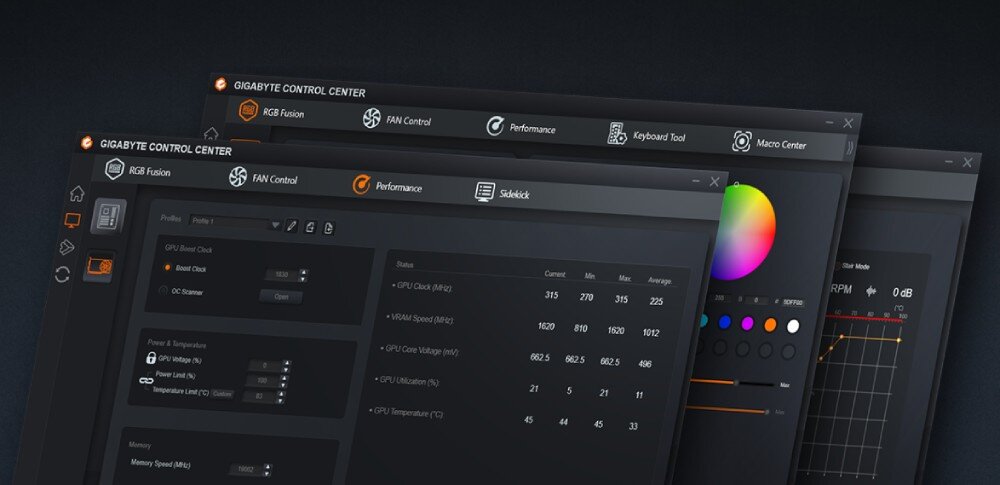 Karta graficzna GIGABYTE GeForce RTX 5070 Ti EAGLE SFF OC 16GB Zrzut ekranu z interfejsu oprogramowania sterującego, prezentujący różne zakładki, w tym ustawienia RGB, kontroli wentylatorów i parametrów wydajności, porty, złącza, aplikacja