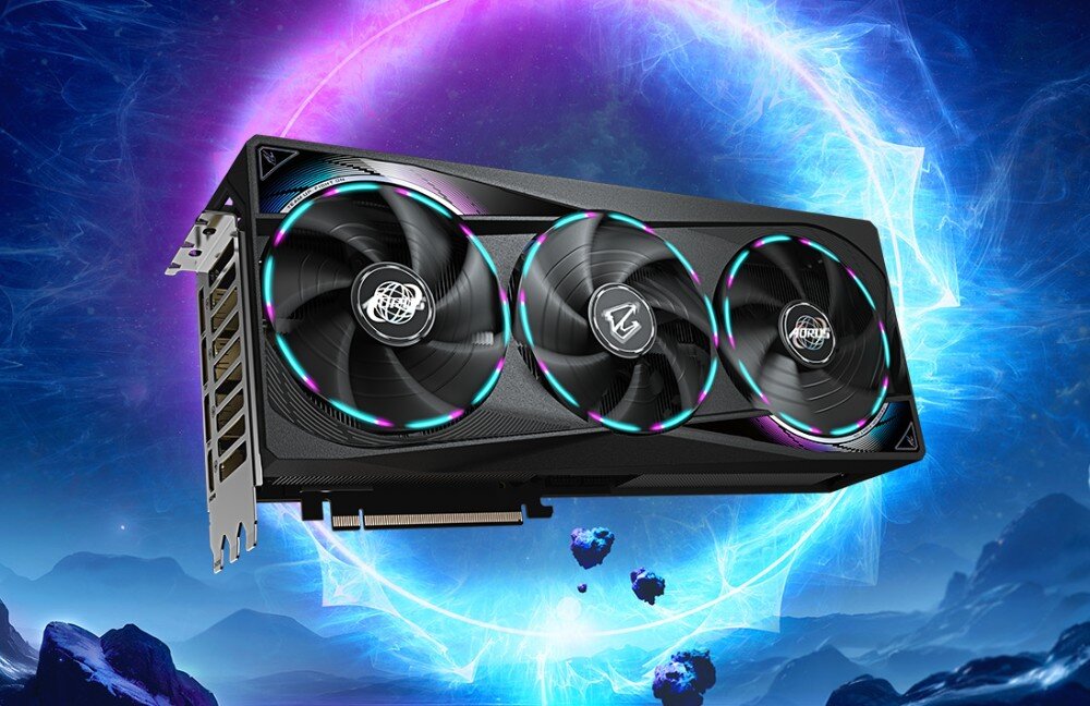 Karta graficzna GIGABYTE Aorus GeForce RTX 5070 Master 12GB Karta graficzna na tle kosmicznej sceny, z efektami świetlnymi podkreślającymi jej gamingowy charakter