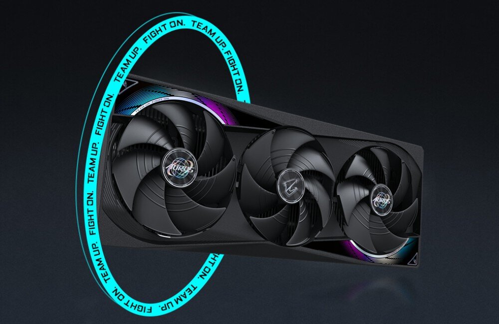 Karta graficzna GIGABYTE Aorus GeForce RTX 5070 Master 12GB Karta graficzna AORUS z napisem Team Up. Fight On otaczającym podświetlone wentylatory