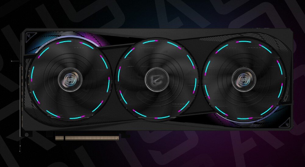 Karta graficzna GIGABYTE Aorus GeForce RTX 5070 Master 12GB Widok karty graficznej od frontu, prezentujący trzy podświetlane wentylatory i elegancki design