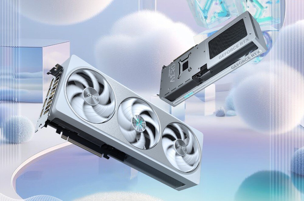 Karta graficzna GIGABYTE GeForce RTX 5070 Aero OC 12GB w srebrnej obudowie, z trzema wentylatorami i stylowym backplate, zawieszona na futurystycznym tle z lodowymi strukturami