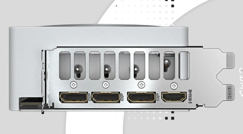 Karta graficzna GIGABYTE GeForce RTX 5070 Aero OC 12GB Panel wyjść wideo karty Gigabyte AERO GeForce RTX, zawierający trzy porty DisplayPort i jedno złącze HDMI, umieszczone na metalowej osłonie