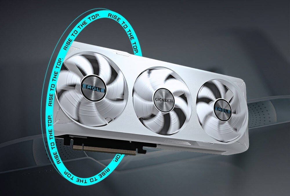 Karta graficzna GIGABYTE GeForce RTX 5070 Eagle OC Ice SFF 12GB Widok karty graficznej z przodu pod kątem, wokół której umieszczono błękitny napis Rise to the top, na obudowie widoczne trzy wentylatory, trwałość, wytrzymałość
