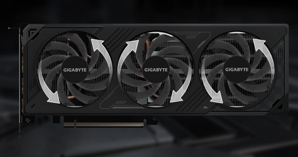 Karta graficzna GIGABYTE GeForce RTX 5070 Windforce OC SFF 12GB DLSS 4 Ilustracja działania wentylatorów z zaznaczonym ruchem powietrza. Strzałki wskazują kierunek obrotu, co podkreśla technologię naprzemiennego obracania, poprawiającą przepływ powietrza i wydajność chłodzenia