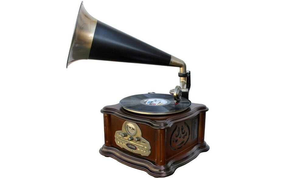 Gramofon SOUNDMASTER NR917 wielofunkcyjne odtwarzanie winyl CD kaseta USB SD Bluetooth, gramofon po skosie na białym tle