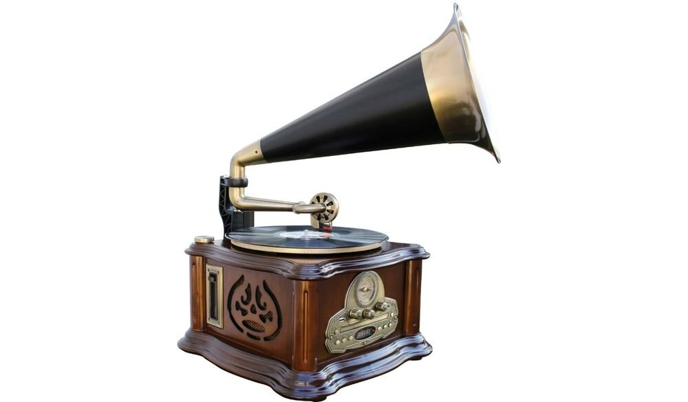 Gramofon SOUNDMASTER NR917 odtwarzanie CD kasety radio AM FM programowanie powtarzanie, gramofon po skosie na białym tle