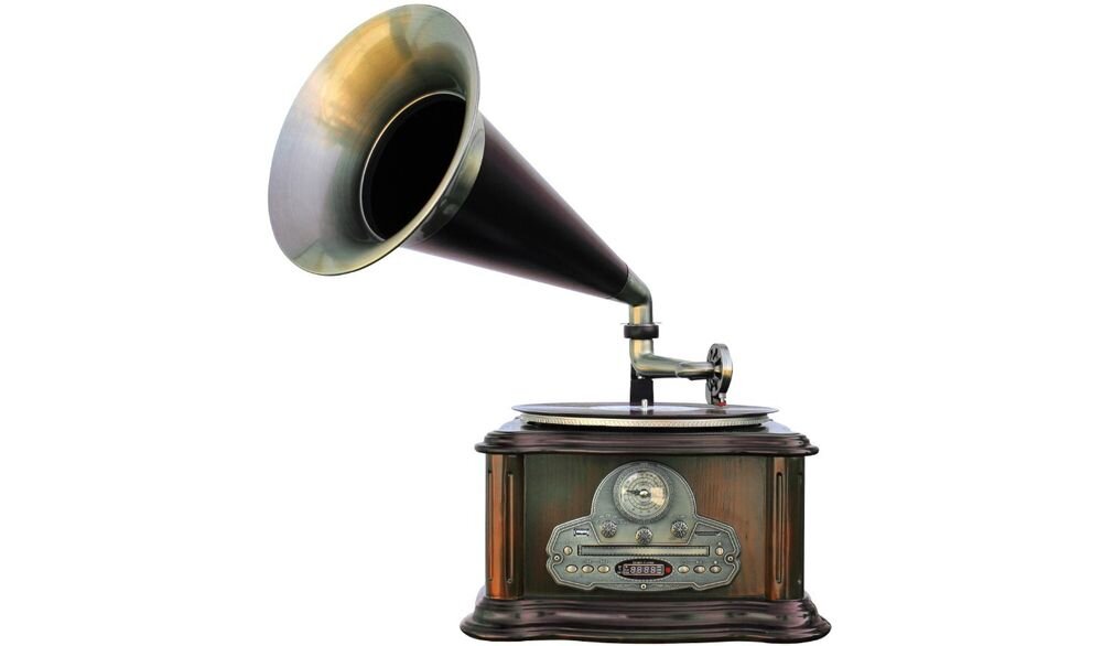 Gramofon SOUNDMASTER NR917 głośnik tubowy mocny dźwięk klasyczny design, gramofon od frontu na białym tle