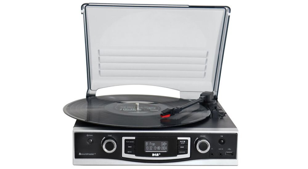 Gramofon SOUNDMASTER PL590SW z nagrywaniem na USB i odtwarzaniem MP3 z pendrive, gramofon od frontu na białym tle