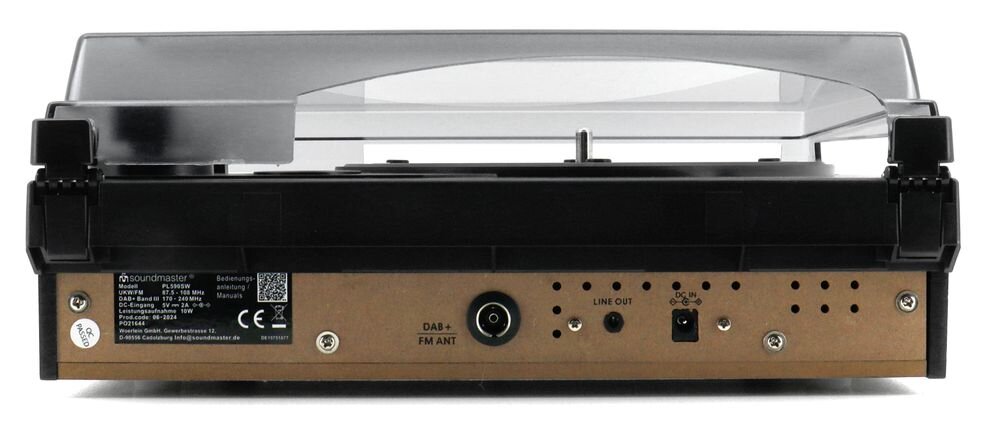 Gramofon SOUNDMASTER PL590SW z wyjściem audio 3,5 mm, gniazdem słuchawkowym i regulacją głośności, gramofon od tyłu na białym tle