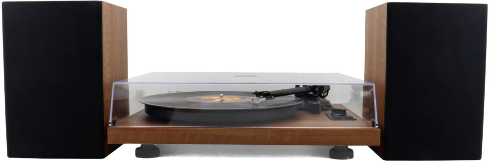 Gramofon SOUNDMASTER PL711BR regulowana przeciwwaga anti-skating ramię, gramofon od frontu na białym tle