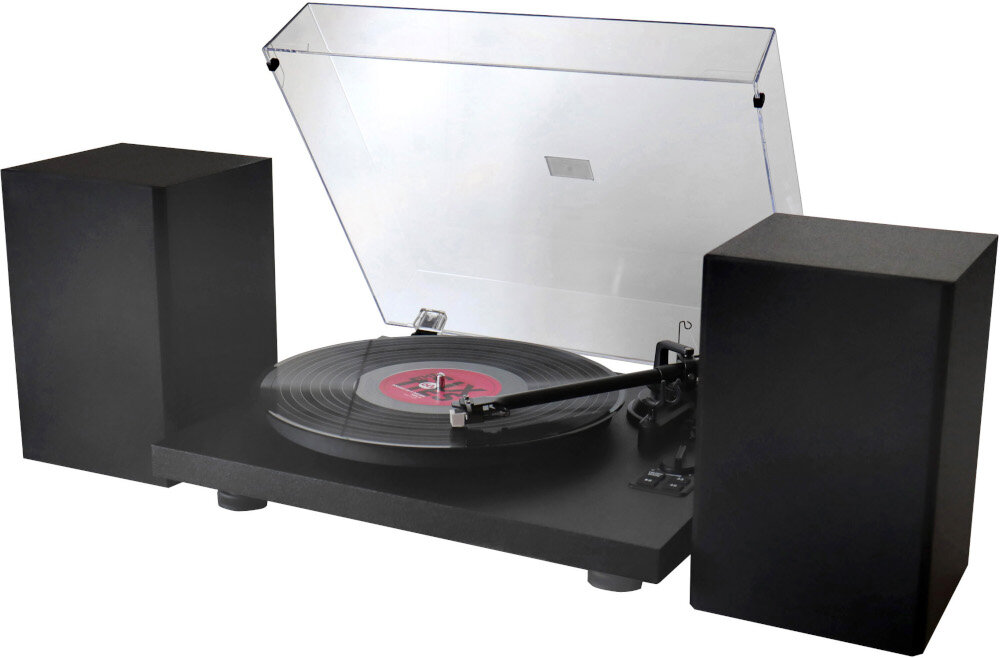 Gramofon SOUNDMASTER PL711SW napęd paskowy Bluetooth głośniki 36 W, gramofon po skosie na białym tle