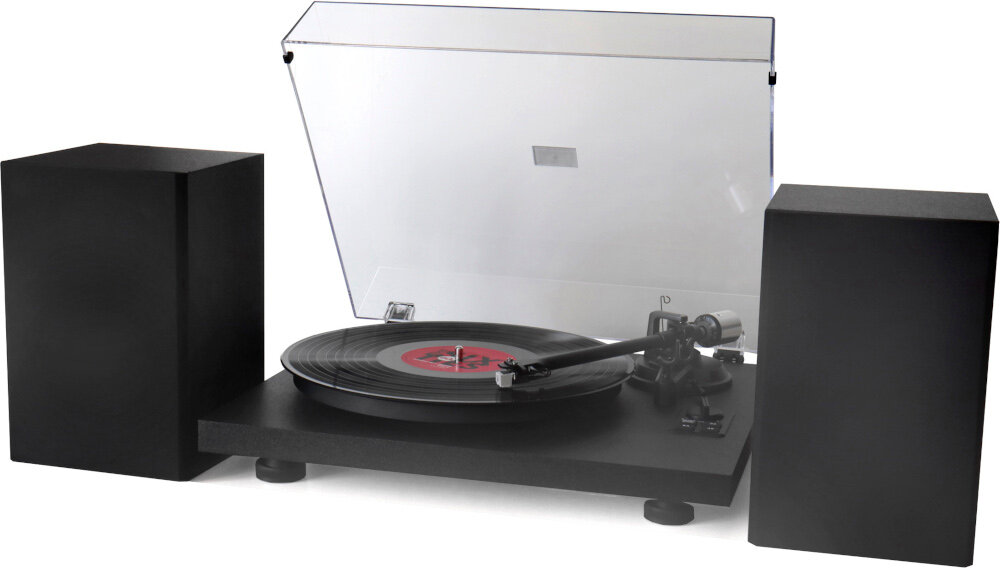 Gramofon SOUNDMASTER PL711SW regulowana przeciwwaga anti-skating ramię, gramofon po skosie na białym tle