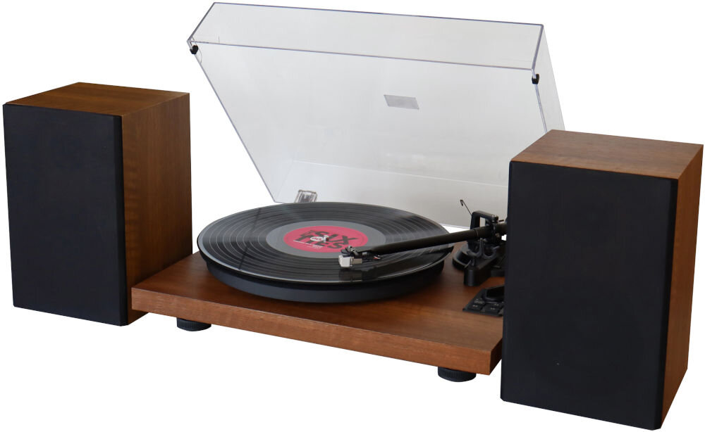 Gramofon SOUNDMASTER PL711SW wbudowany przedwzmacniacz wyjście RCA, gramofon po skosie na białym tle