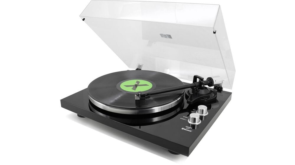 Gramofon SOUNDMASTER PL790SW Elite Line aluminiowy talerz Bluetooth metalowa obudowa, gramofon po skosie na białym tle