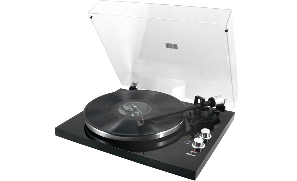 Gramofon SOUNDMASTER PL790SW metalowa obudowa antywibracyjne nóżki wymiary, gramofon po skosie na białym tle