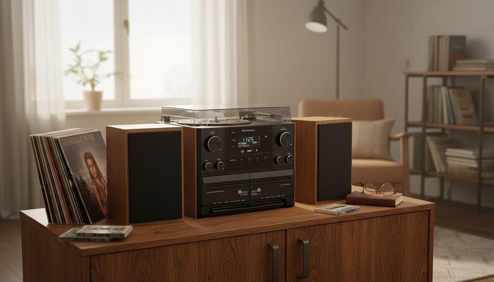 Wieża SOUNDMASTER MCD5600BR DAB+ FM-RDS CD CD-RW CD-MP3 USB 20 stacji, wieża stojąca na komodzie w pomieszczeniu