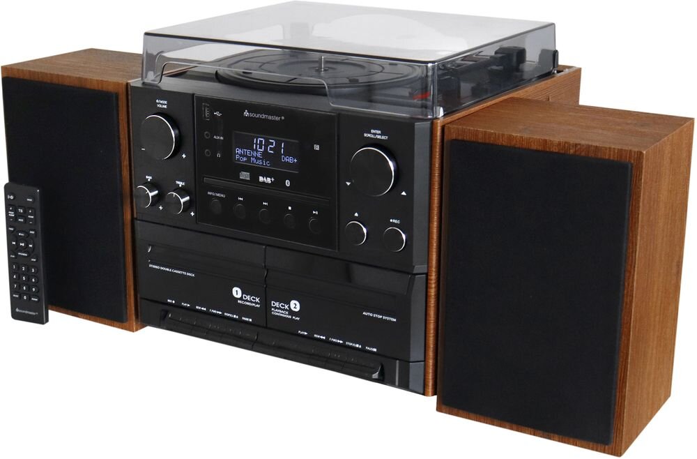 Wieża SOUNDMASTER MCD5600BR gramofon 33 45 78 obr./min podwójny magnetofon USB, wieża z pilotem na białym tle