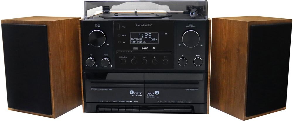 Wieża SOUNDMASTER MCD5600BR Bluetooth AUX 3,5 mm słuchawki RCA 2 x 5 W RMS, wieża na białym tle