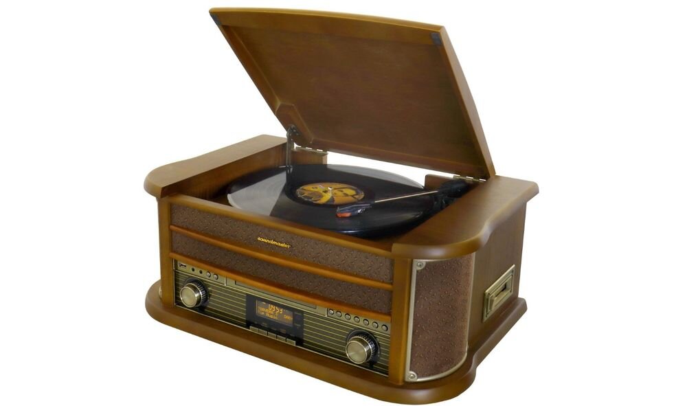 Gramofon SOUNDMASTER NR565DAB wielofunkcyjne centrum dźwięku odtwarzanie winyl CD kasety radio Bluetooth USB, gramofon po skosie na białym tle