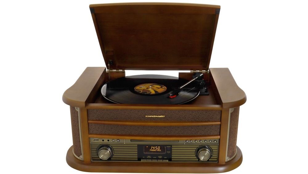 Gramofon SOUNDMASTER NR565DAB odtwarzanie winyl CD kasety funkcje audio, gramofon od frontu na białym tle