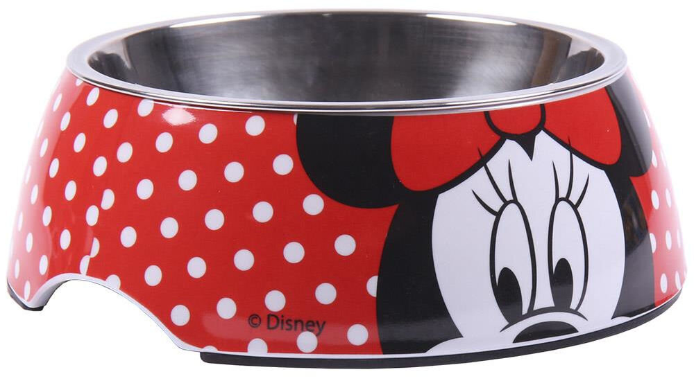 Miska dla psa CERDA Minnie, dostępne rozmiary S M L, pojemność 180 ml, średnica 14 cm, zestaw produktów dla psa Minnie - Miska dla zwierząt z motywem Minnie Mouse, ozdobiona czerwonym wzorem w białe kropki oraz fragmentem twarzy postaci z dużą czerwoną kokardą. Na misce widnieje napis © Disney