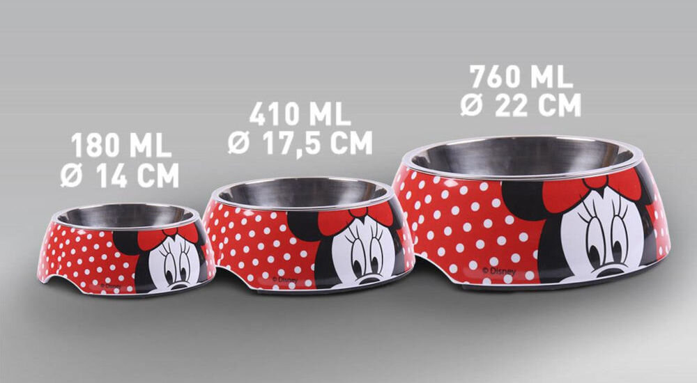Miska dla psa CERDA Minnie z antypoślizgową podstawą, stabilna miska na karmę i wodę, zapobiega przesuwaniu, czystość w domu - Na zdjęciu znajdują się trzy metalowe miski dla psa z kolorowymi grafikami z Minnie. Obok każdej miski widnieją napisy: 180 ML Ø 14 CM, 410 ML Ø 17,5 CM oraz 760 ML Ø 22 CM