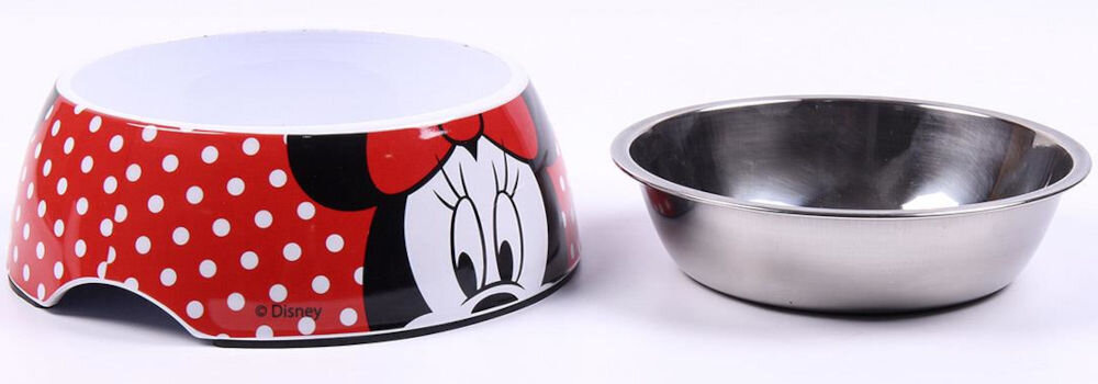 Miska dla psa CERDA Minnie z wyjmowanym wkładem, łatwe czyszczenie, higieniczna miska, praktyczne rozwiązania dla psa - Na zdjęciu widoczne są dwie miski: jedna zewnętrzna z czerwonym wzorem w białe kropki i grafiką postaci z dużą czerwoną kokardą, oraz druga, metalowa, umieszczona wewnątrz. Na zewnętrznej misce znajduje się napis Disney