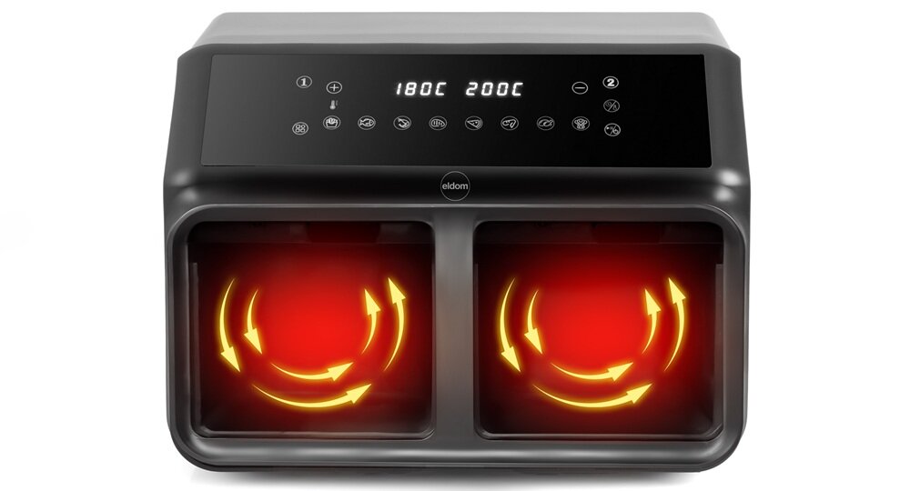 Air Fryer Frytkownica beztłuszczowa ELDOM FR210 DualCrisp frytkownica w użyciu na białym tle, wysoka moc, sprawna praca, krótki czas pieczenia