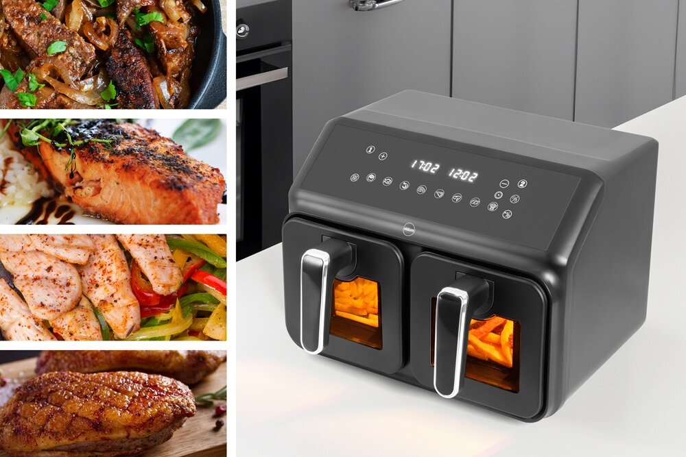 Air Fryer Frytkownica beztłuszczowa ELDOM FR210 DualCrisp frytkownica na blacie kuchennym wraz z różnymi potrawami, dwa niezależne kosze, bez mieszania smaków i aromatów