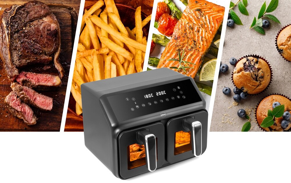 Air Fryer Frytkownica beztłuszczowa ELDOM FR210 DualCrisp frytkownica na tle kilku potraw, technologia gorącego powietrza, mniej tłuszczu, chrupiące dania
