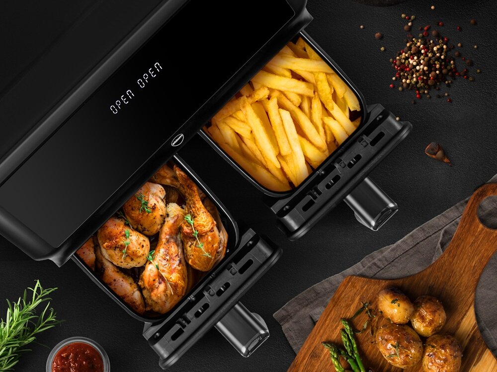 Air Fryer Frytkownica beztłuszczowa ELDOM FR210 DualCrisp dwa kosze z zawartością od góry, duża pojemność, większe porcje jedzenia