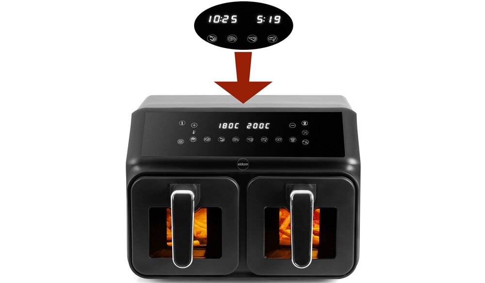 Air Fryer Frytkownica beztłuszczowa ELDOM FR210 DualCrisp frytkownica przodem z ekranem ustawień w przybliżeniu na białym tle, 8 automatycznych programów, bez ręcznej regulacji ustawień