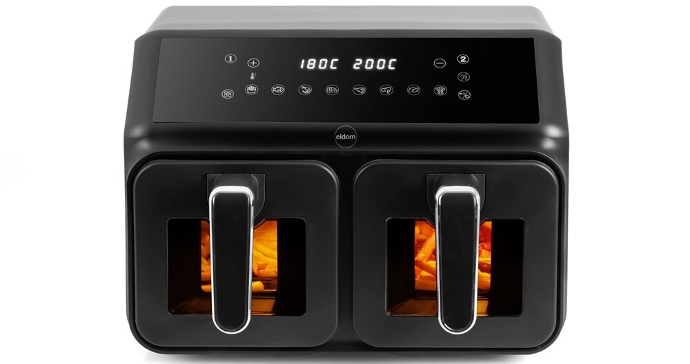 Air Fryer Frytkownica beztłuszczowa ELDOM FR210 DualCrisp frytkownica przodem na białym tle, szeroki zakres temperatur, zastępuje kilka urządzeń