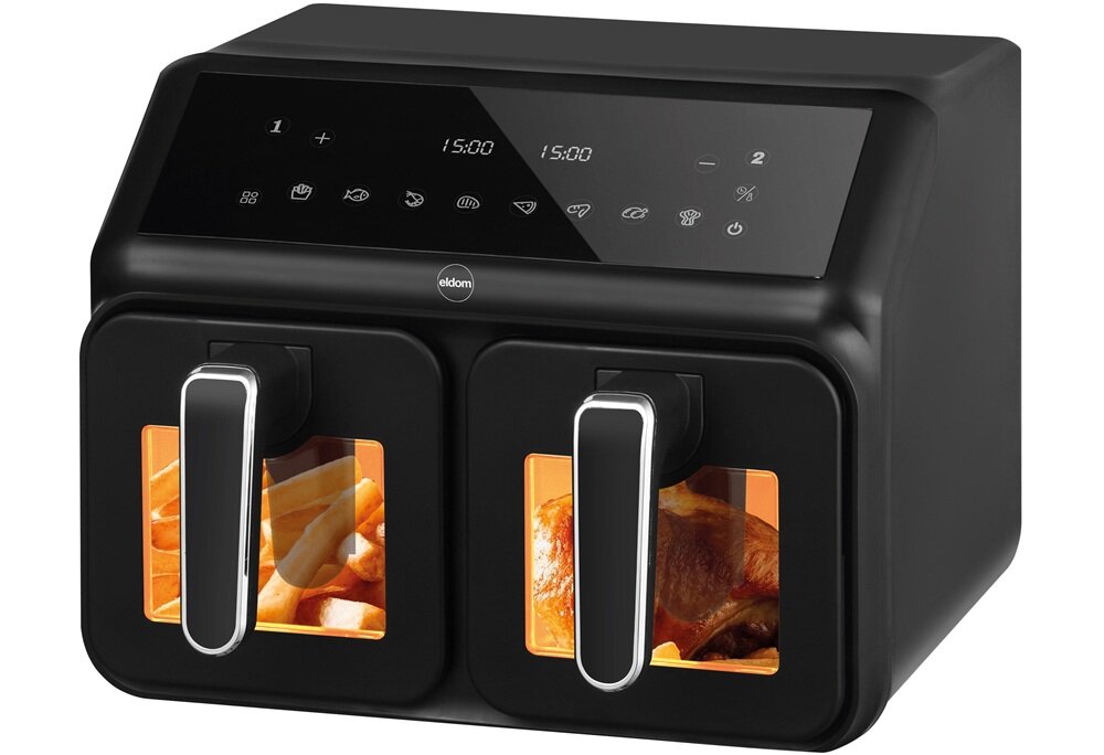 Air Fryer Frytkownica beztłuszczowa ELDOM FR210 DualCrisp frytkownica lekko bokiem na białym tle, przezroczyste okienka podglądu, stabilna temperatura