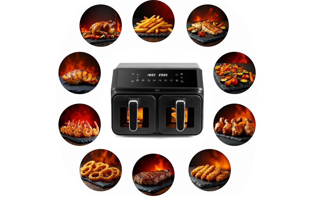 Air Fryer Frytkownica beztłuszczowa ELDOM FR210 DualCrisp frytkownica przodem na białym tle, czytelny wyświetlacz LED, szybkie ustawienia czasu i temperatury