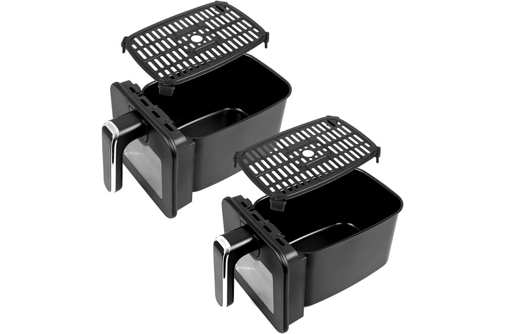 Air Fryer Frytkownica beztłuszczowa ELDOM FR210 DualCrisp dwa kosze wraz z rusztami na białym tle, nienagrzewające się uchwyty, bezpieczne wyjmowanie koszy, intensywna praca