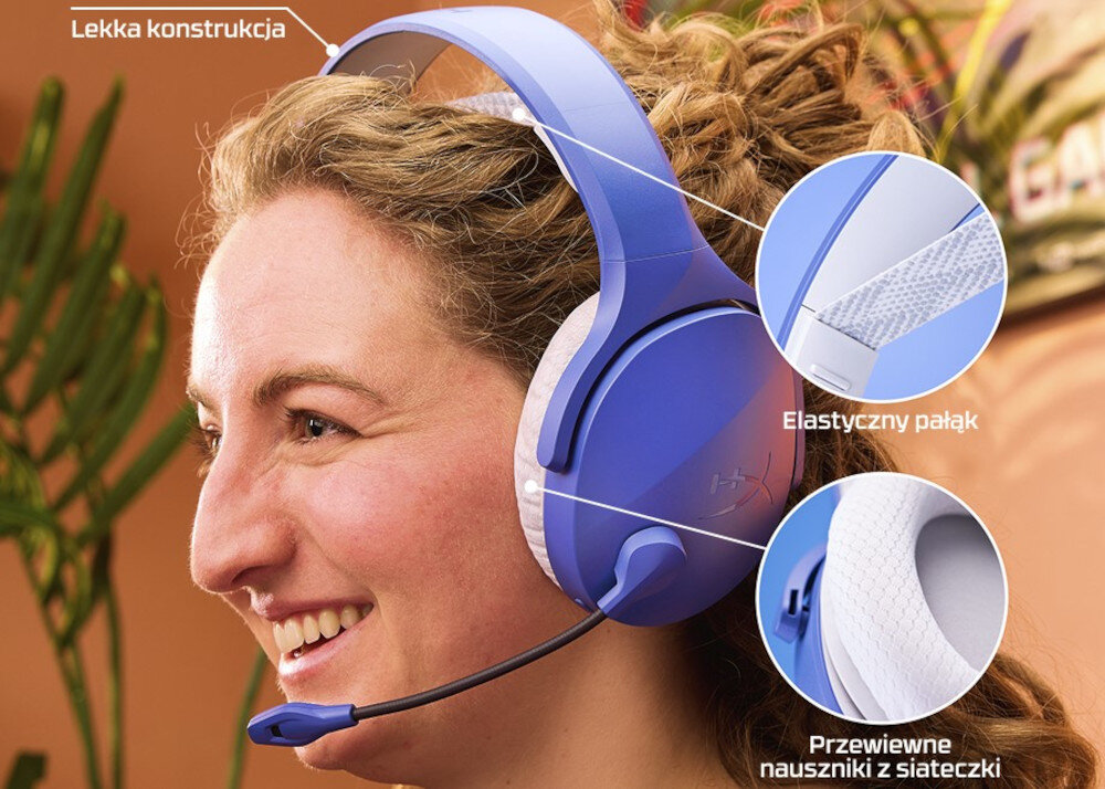 Słuchawki HYPERX Cloud Jet lekka konstrukcja nauszniki komfort długie sesje, osoba z założonymi słuchawkami nausznymi