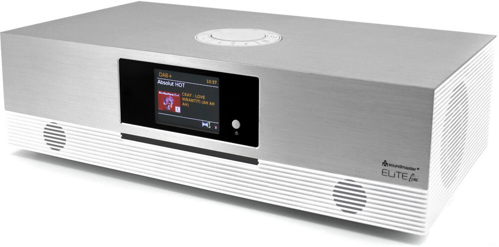 Wieża SOUNDMASTER Elite ICD2080WE wysokiej klasy system audio elegancki design aluminiowe panele, wieża po skosie na białym tle