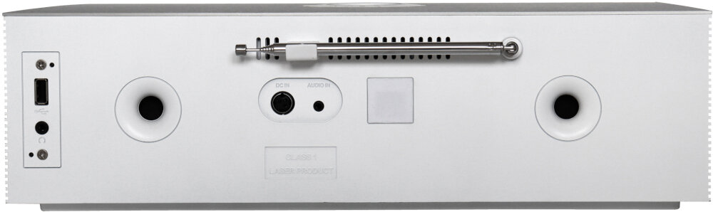 Wieża SOUNDMASTER ICD2080WE wejście AUX 3,5 mm wyjście słuchawkowe USB wszechstronne połączenia, wieża od tyłu na białym tle