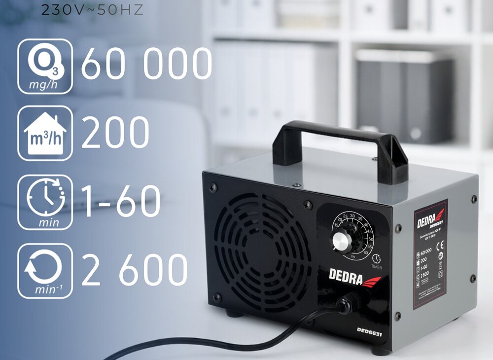 Generator ozonu DEDRA DED6631 w użyciu w pomieszczeniu, ozonizacja powietrza
