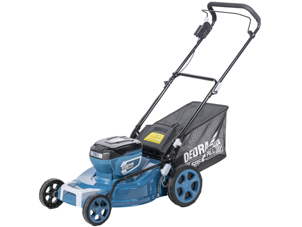 Kosiarka akumulatorowa DEDRA SAS+ALL DED6997X kosiarka na białym tle widoczna od przodu pod skosem praca bez kabla wysoka wydajność koszenia zasilana akumulatorami serii SAS+ALL niezależność od źródeł prądu lekka i ergonomiczna konstrukcja cicha praca