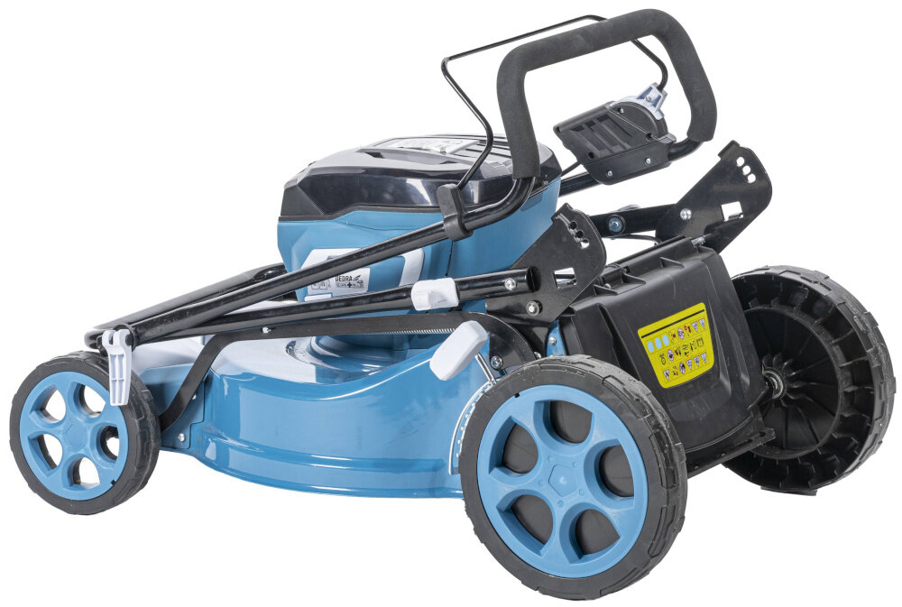 Kosiarka akumulatorowa DEDRA SAS+ALL DED6997X kosiarka na białym tle ze złożonym uchwytem bez kosza komfortowy uchwyt miękkie wykończenie pewny chwyt chroni dłonie przed odciskami i otarciami uchwyt można złożyć