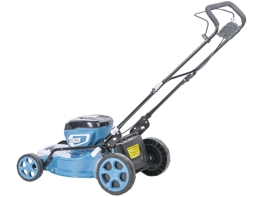 Kosiarka akumulatorowa DEDRA SAS+ALL DED6997X kosiarka bez kosza na białym tle widoczna od tyłu pod skosem przednie koło o średnicy 18 cm tylne o średnicy 25 cm stabilność płynne prowadzenie łożyska kulkowe minimalizują tarcie ułatwiają manewrowanie zmniejszają zużycie mechaniczne